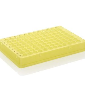 THERMO - Đĩa PCR 96 giếng, dạng thấp, có viền, chữ màu đen, màu vàng.